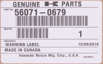 Genuine Kawasaki Warning Label Part Number - 56071-0679