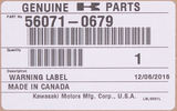 Genuine Kawasaki Warning Label Part Number - 56071-0679
