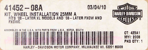 Genuine Harley Davidson Wheel Install Kit Part Number - 41452-08A