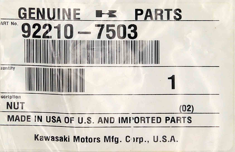 Kawasaki Nut Part Number - 92210-7503