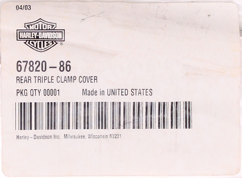 Genuine Harley-Davidson Rear Triple Clamp Cover Part Number - 67820-86
