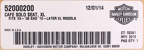 Genuine Harley Davidson Caf Solo Seat Part Number - 52000200