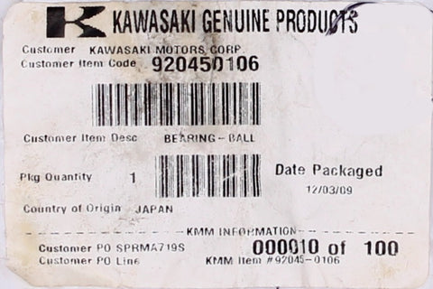 Kawasaki Ball Bearing PN 920450106