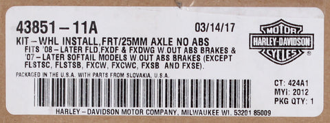Harley-Davidson Wheel Install Kit, Frt/25Mm Axle No Abs Part Number - 43851-11A