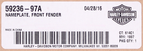 Genuine Harley-Davidson Front Fender Nameplate Part Number - 59236-97A