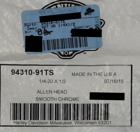 Harley-Davidson Smooth Chrome Allen Head 1/4X1/2 Part Number - 94310-91Ts
