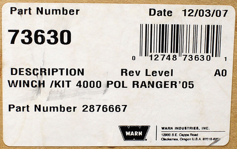 Warn ATV 4000 LB Winch Part Number - 2876667