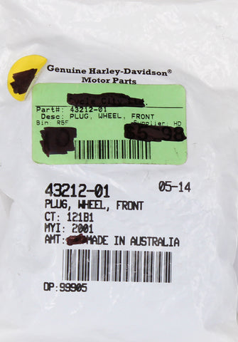 Genuine Harley-Davidson Plug, Wheel, Front Part Number - 43212-01