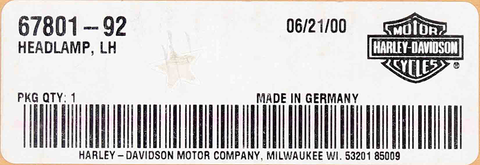 Genuine Harley-Davidson Left Hand Headlamp Assembly PN 67801-92