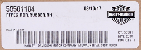 Genuine Harley-Davidson Right Rubber Foot Peg Part Number - 50501104