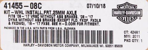 Harley-Davidson WHL Install, FRT, 25MM Axle Kit PN 41455-08C