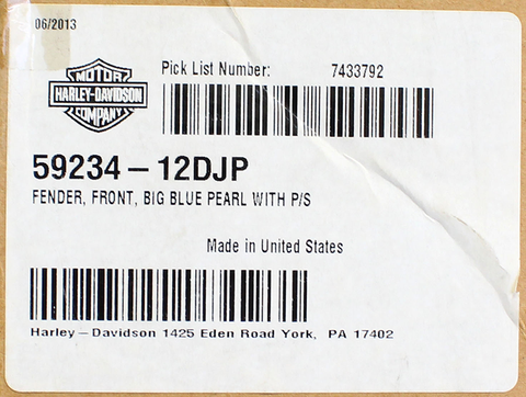 Harley-Davidson Front Fender, Big Blue Pearl With P/S Part Number - 59234-12Djp
