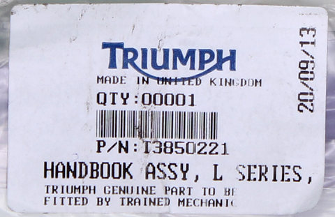 Genuine Triumph Handbook Assembly  Part Number - T3850221