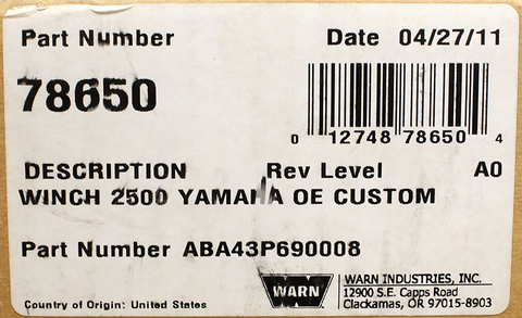 Warn Winch 2500 Part Number - ABA43P690008 For Yamaha