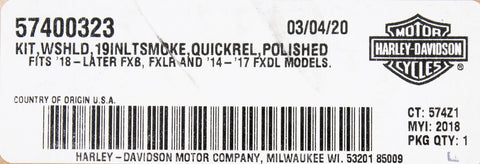 Harley-Davidson KIT,WSHLD,19INLTSMOKE,QUICKREL PN 57400323