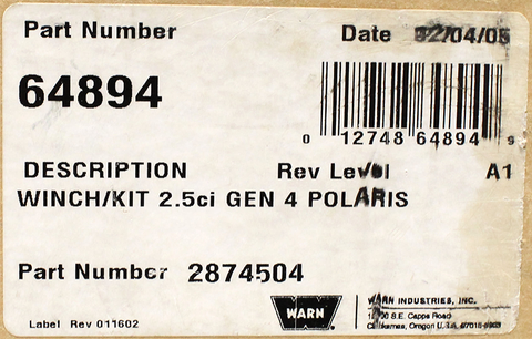 Warn Winch Kit Part Number - 2874504 For Polaris