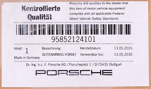 Genuine Porsche Front Seat Side Airbag Part Number - 95852124101