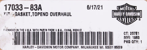 Genuine Harley-Davidson Top End Over Haul Gasket Kit Part Number - 17033-83A