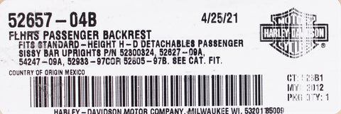 Harley-Davidson Backrest, Passenger Part Number - 52657-04B
